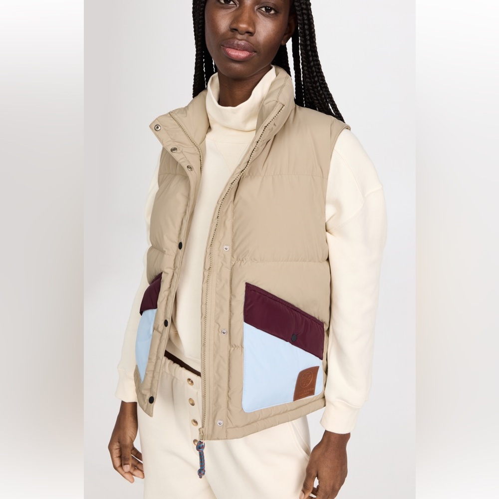 Tory Sport Khaki Down Vest with Purple Colorblock